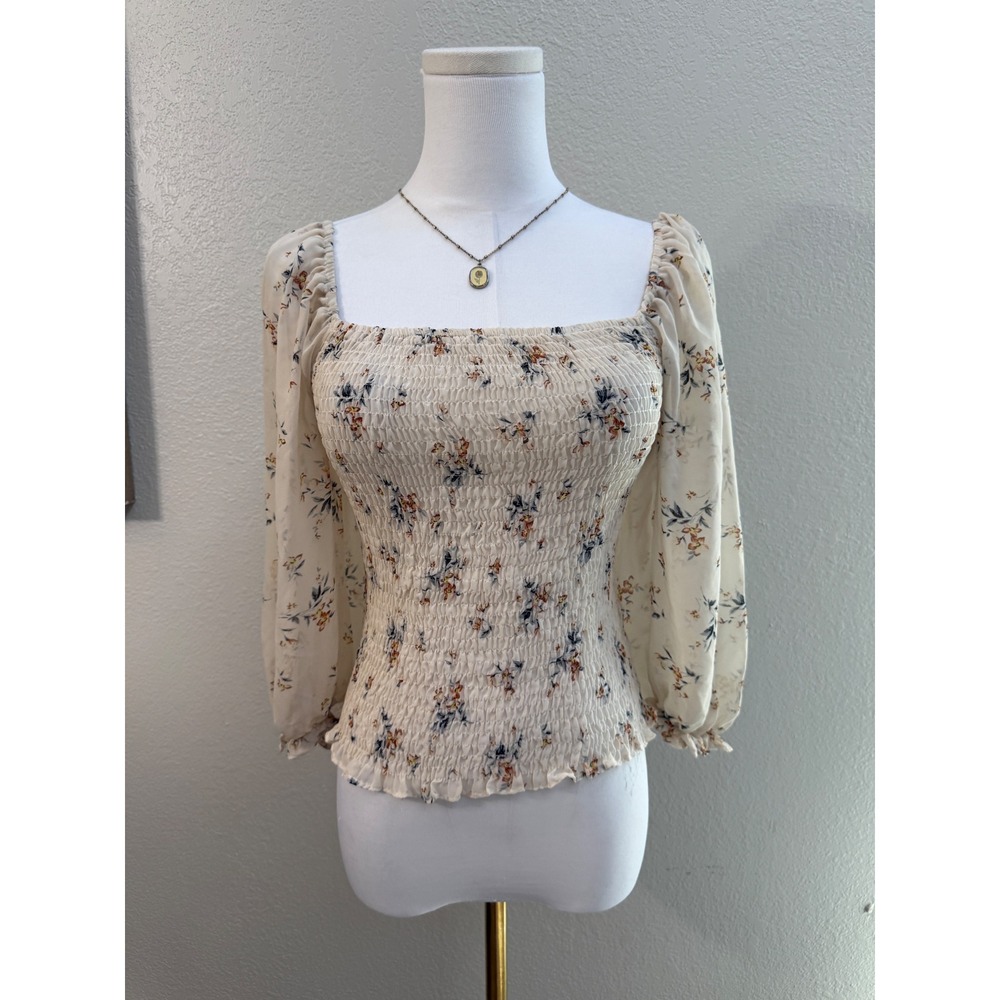 Floral Smocked Square Neck Top Sheer Balloon Sleeve Cream - M
